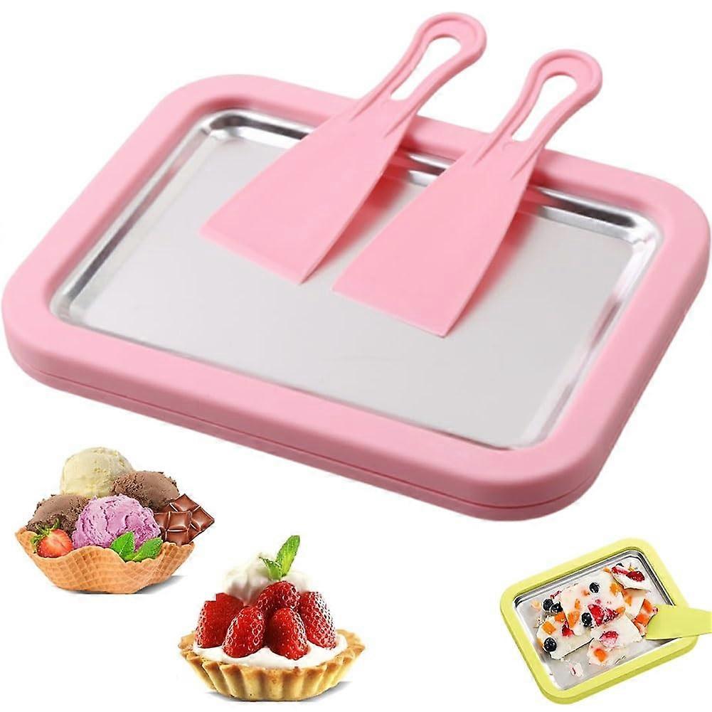 Rolled Ice Cream Maker with 2 Scrapers, DIY Ice Cream Roll Pan for Home, Pink Stainless Steel