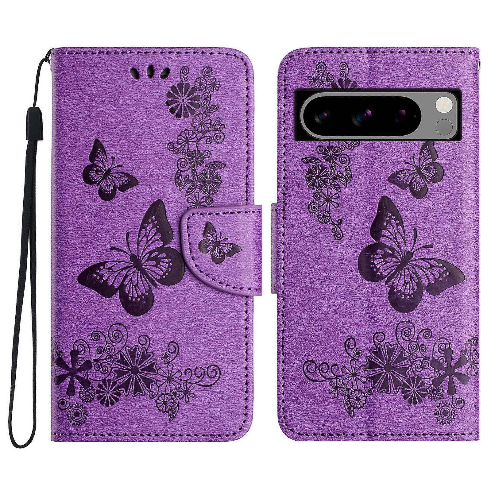 Étui à rabat en cuir avec motif papillon en relief