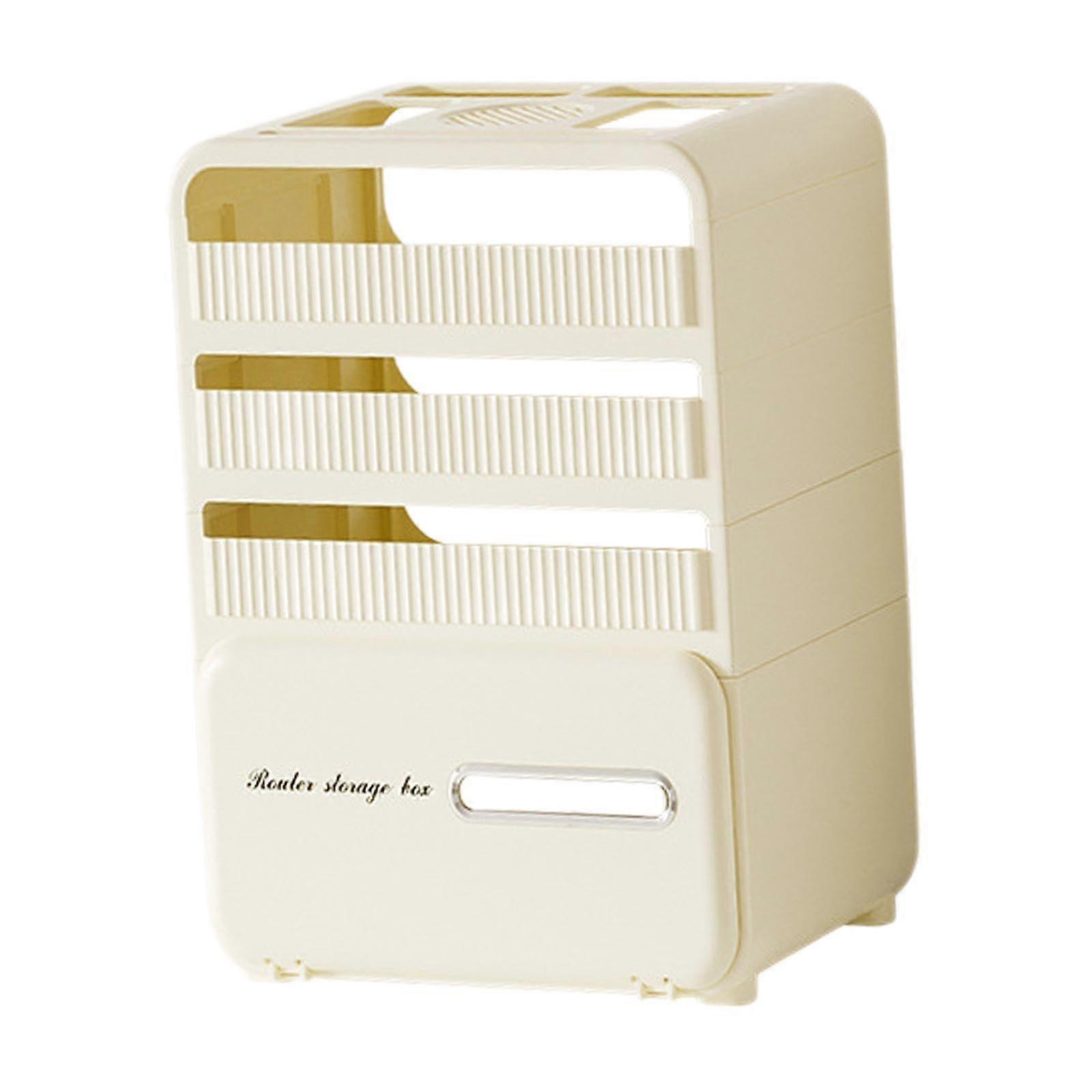 Router Storage Box with Phone Stand, 4Layer Cable Management Organizer, Ventilated Beige Cover