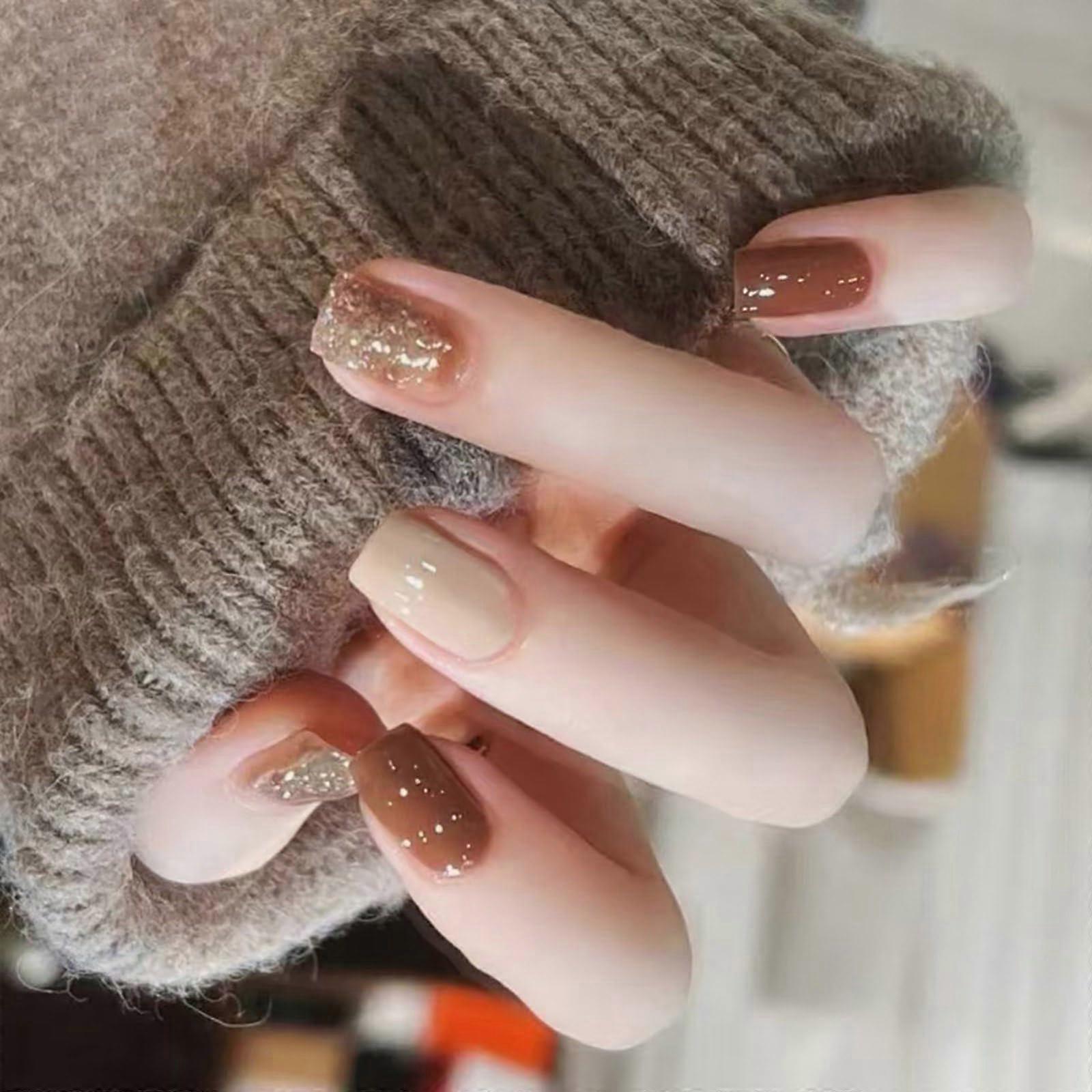 24pcs Short Square Glitter Press On Nails Set with Full Cover Artificial Manicure