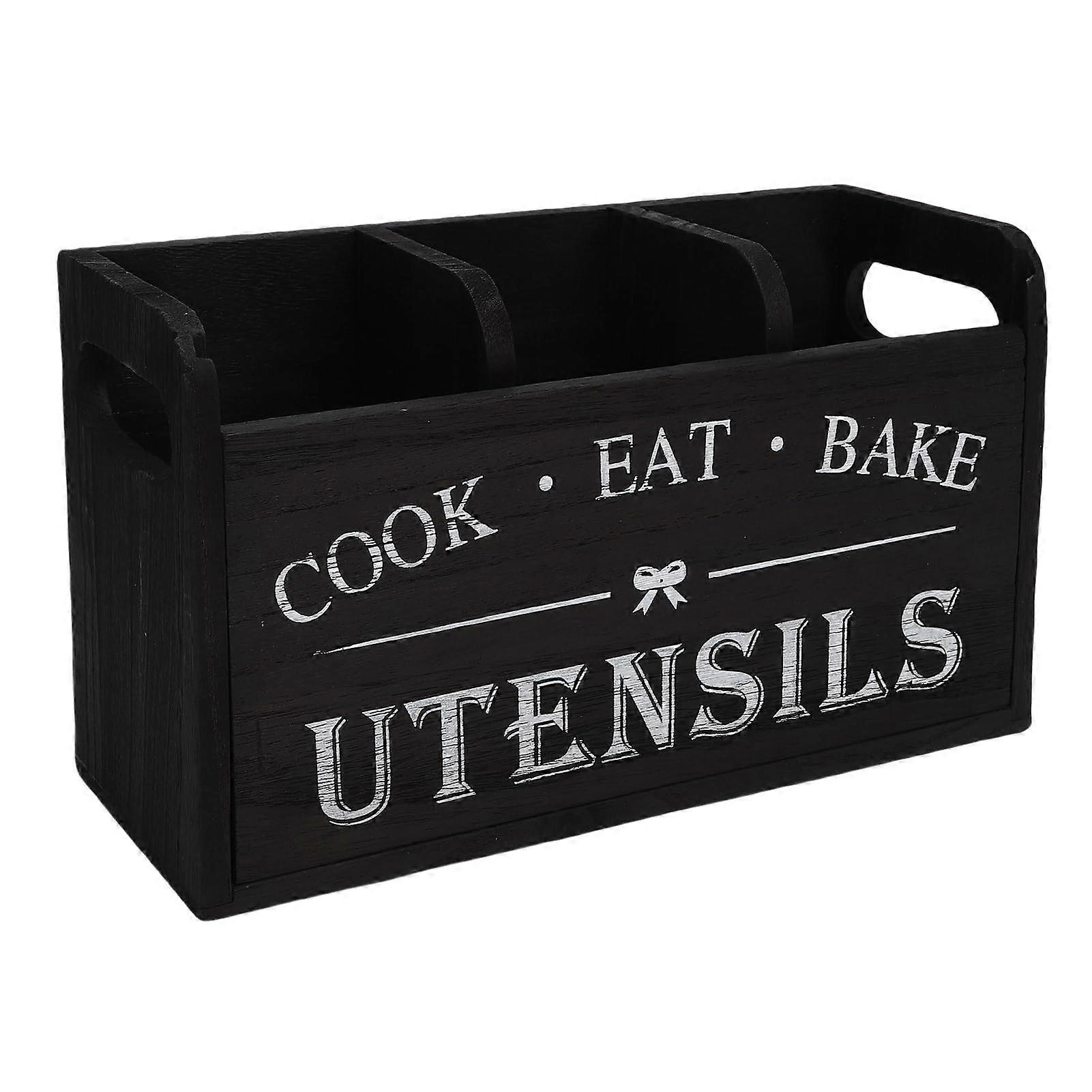 Kitchen Utensil Holder with Three Spacious Compartments, Rustic Farmhouse Countertop Organizer