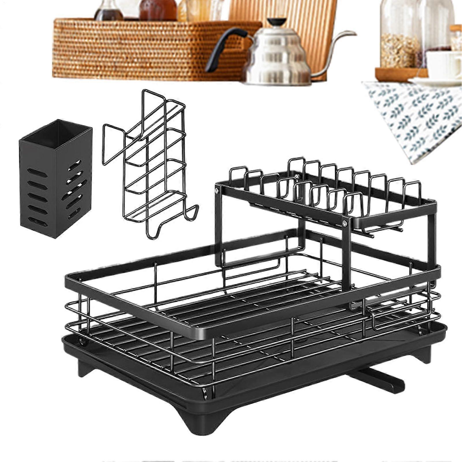 2 Tier Dish Drying Rack with Drainboard, Rust Resistant, Utensil Holder for Small Kitchen Storage