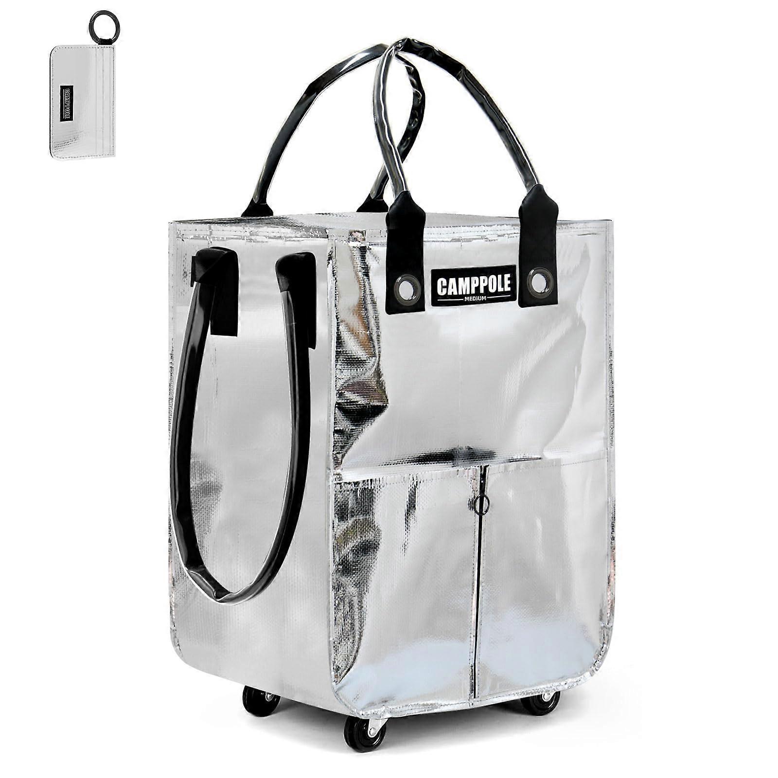 Rolling Grocery Cart with 360° Rotating Wheels, Foldable Waterproof Tote, Medium Bright Silver