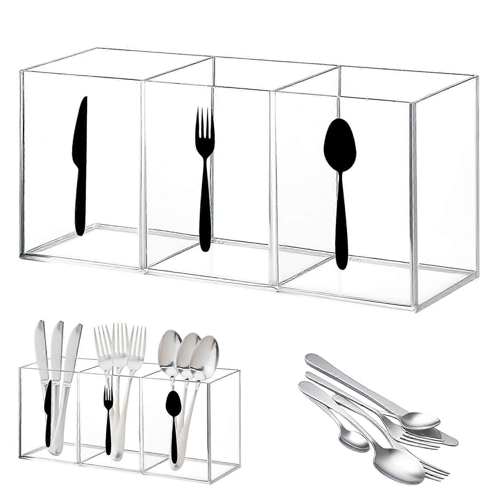 Transparent Utensil Holder with 3Compartment Design, Large Capacity Plastic Silverware Organizer for Kitchen Counter