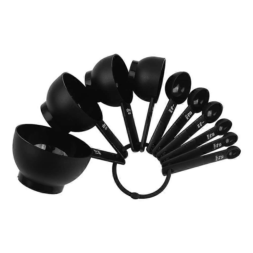 Black Plastic Measuring Cups and Spoons Set 10pcs with Ring for Baking and Cooking