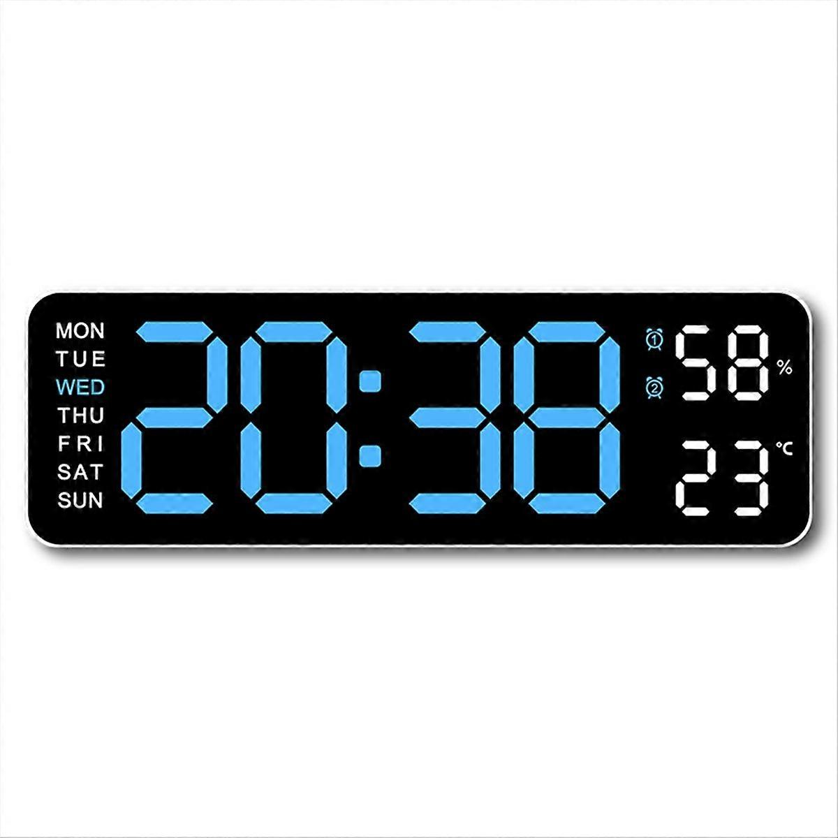 Large Digital Wall Clock Temperature and Humidity LED 12/24H Blue