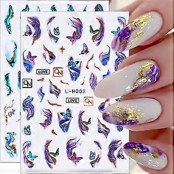 Purple Marble and Gold Line Nail Art Stickers, Blue Geometry and Butterfly Designs, 4 Sheets