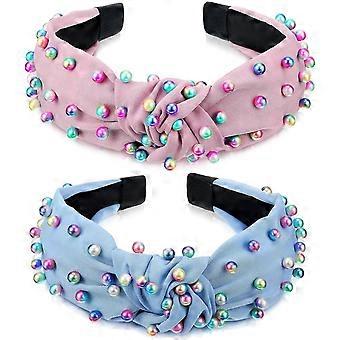 2 Pieces Headbands For Women Pearl Knotted Girls Headband Colorful Jeweled Embellished Gem Hairband Faux Pearl Cross Knot Twisted Turban Hair Accessor