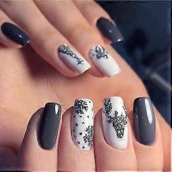 Christmas Press On Nails Glitter Grey Snowflake Fake Nails for Women Reusable Holiday Set 24pcs