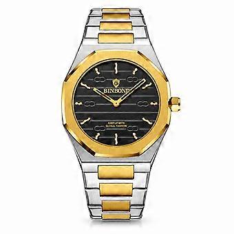 Men's quartz watch Binbond two-tone gold silver steel bracelet black dial waterproof business vintage fashion JY