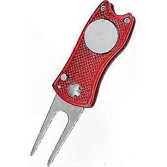 Stainless Steel Golf Divot Repair Tool with Ball Marker & compatible withk, Red (1pc)
