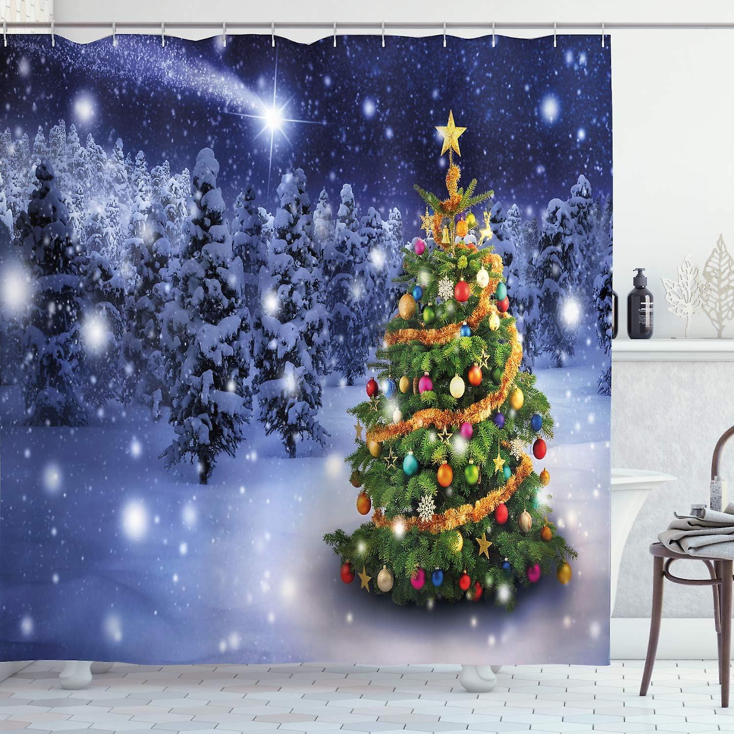 Christmas Shower Curtain, Winter Theme,  Set with Hooks,  Multicolor