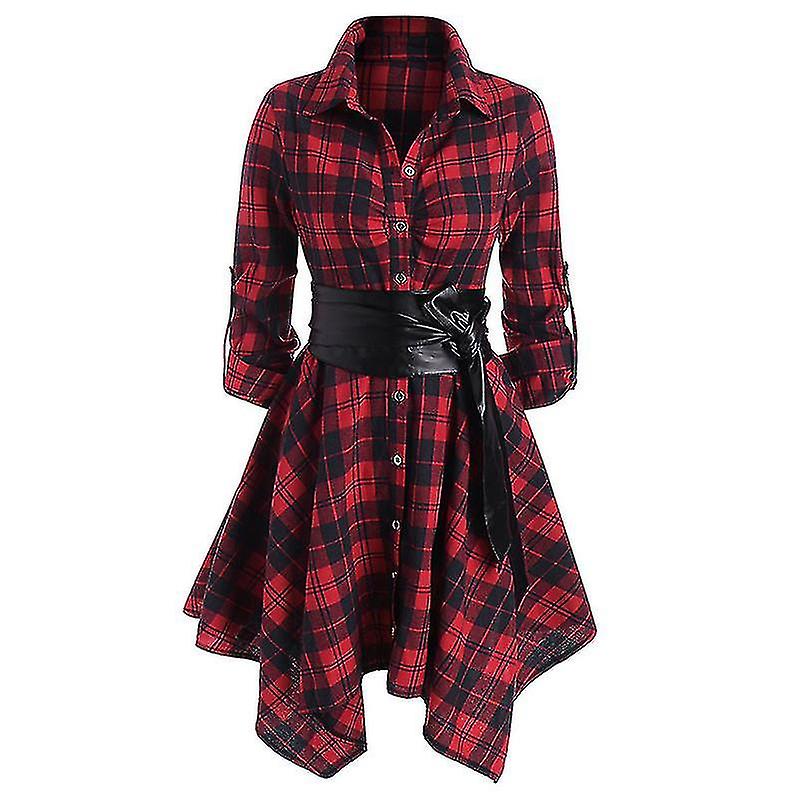 المرأة منقوشة اللباس طويل الأكمام زر أسفل حزام قميص أفضل هدية