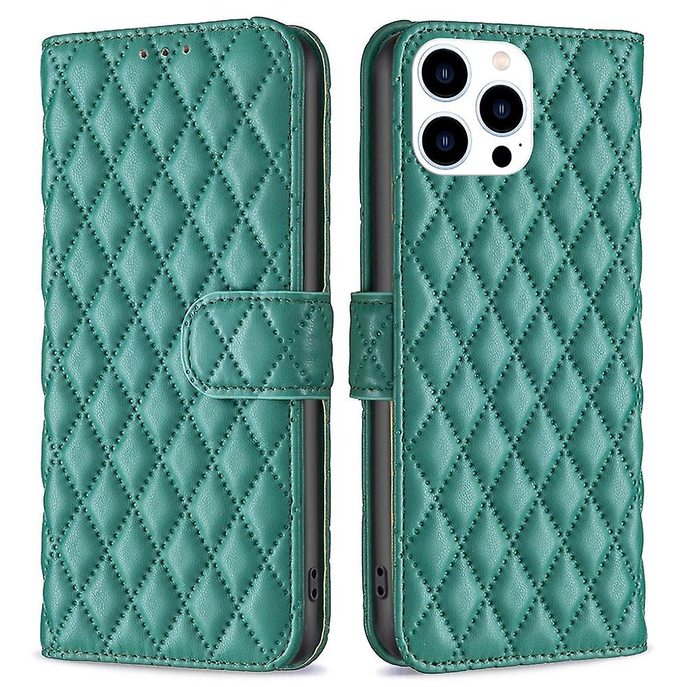 For iPhone 14 Pro 6.1 inch BF Style-14 Matte Rhombus Pattern Fully Wrapped Case Stand Wallet Cover