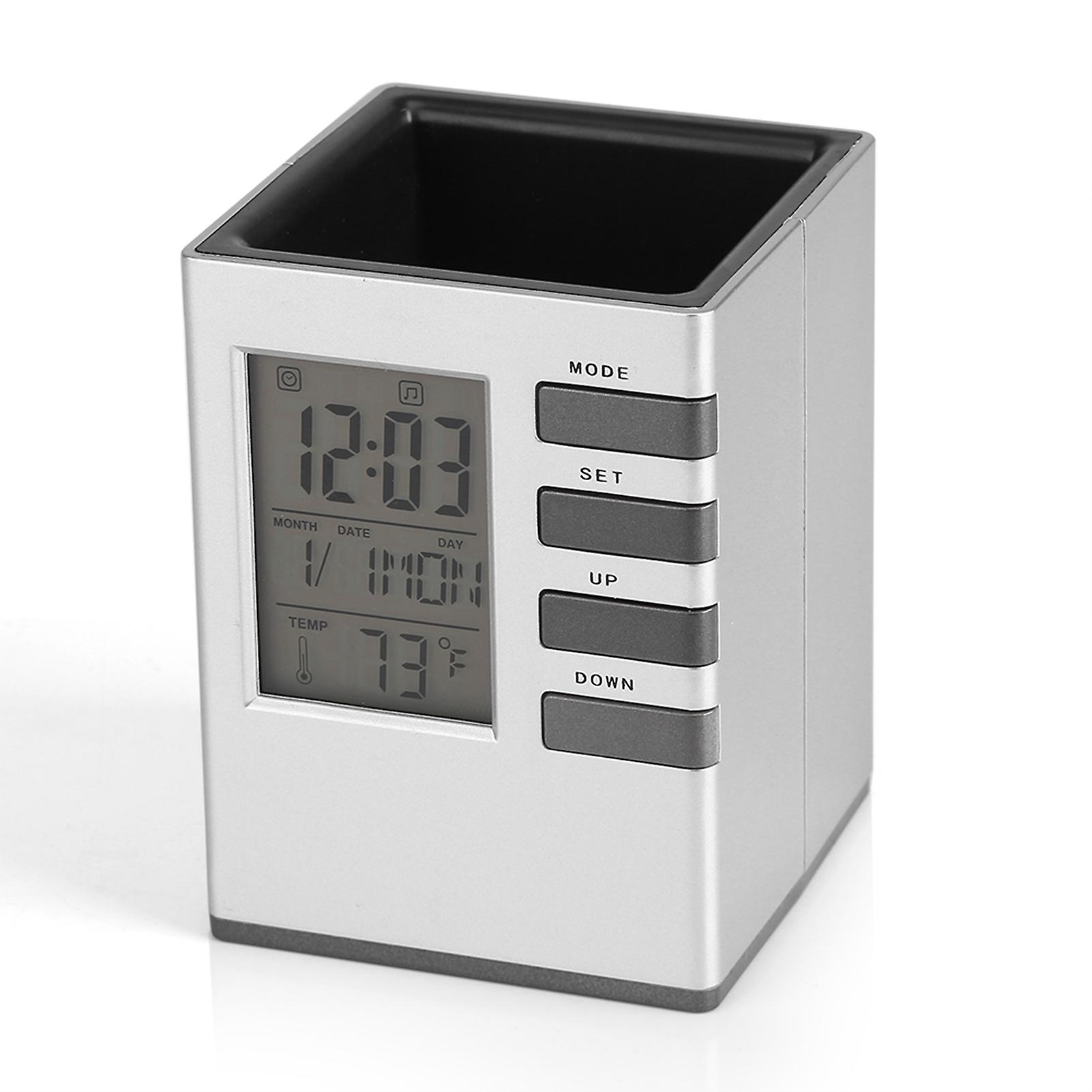 Alarm Clock - Multi-Function LED Digital Clock, Pen Holder, LCD Screen, Temperature Display, 12/24 Hours Display, Silver(Without AAA Batteries)