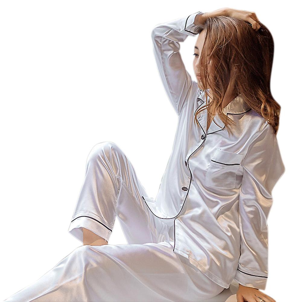 Kvinnor Satäng Pyjamas Set Långärmade Toppar + Långbyxor Nattkläder Pyjamas Kostym Vår Homewear
