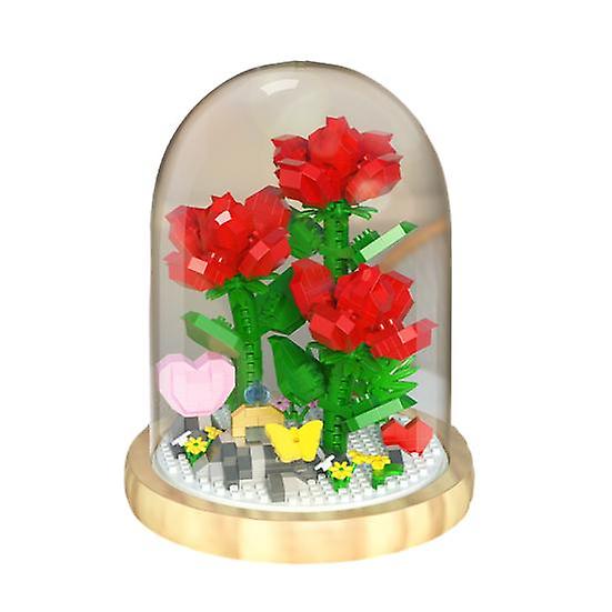 Artificial Flower Building Block Ornament Forever Rose Decorated Flower with Dust Cover Bouquet Building Valentine's Day Gift