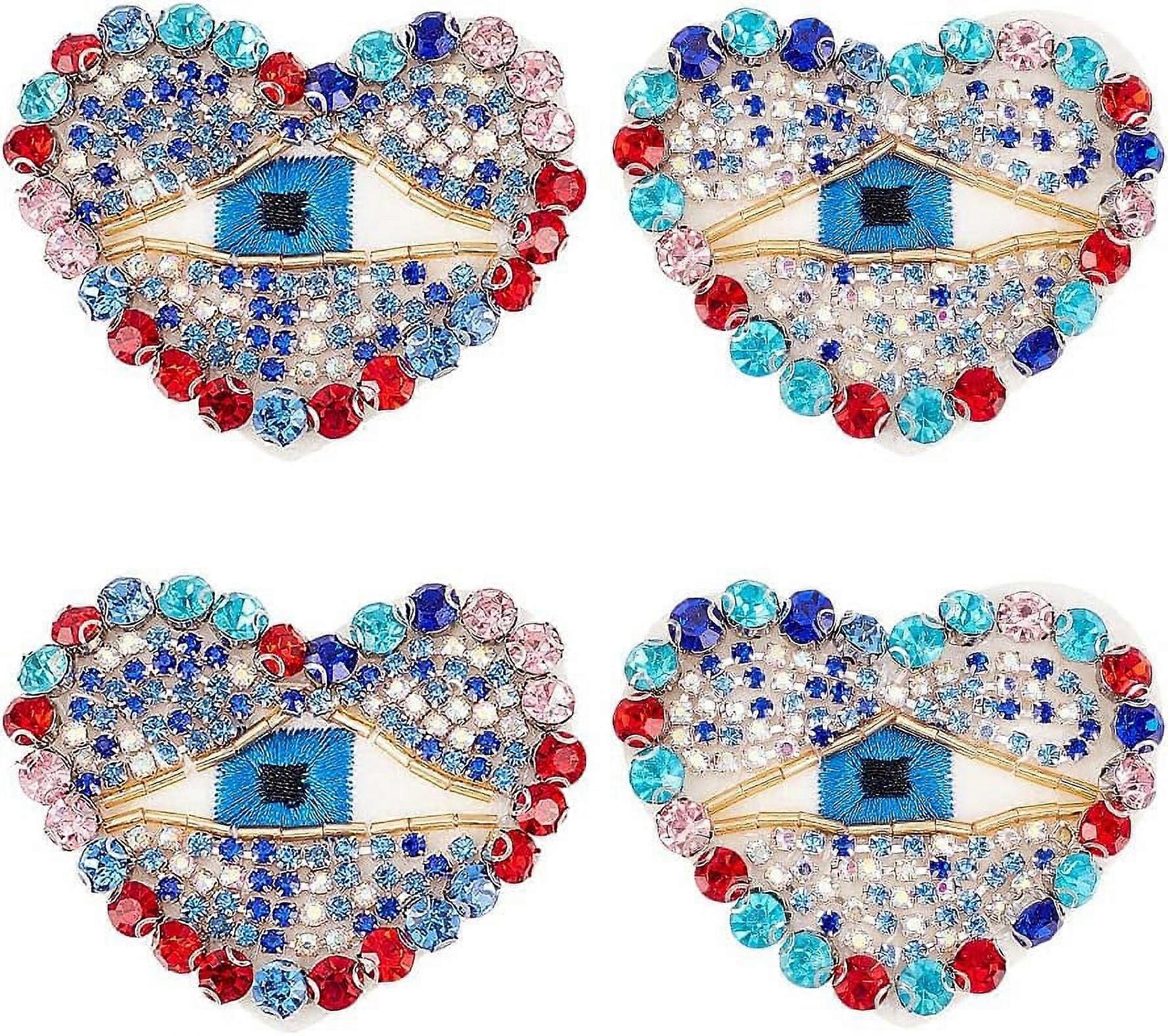 4 Pcs Eye Beaded Patches for Clothes Heart with Evil Eye Sequined Patch Sew on Rhinestone Beaded Applique Motif Applique Badge for DIY Sewing Clothe J