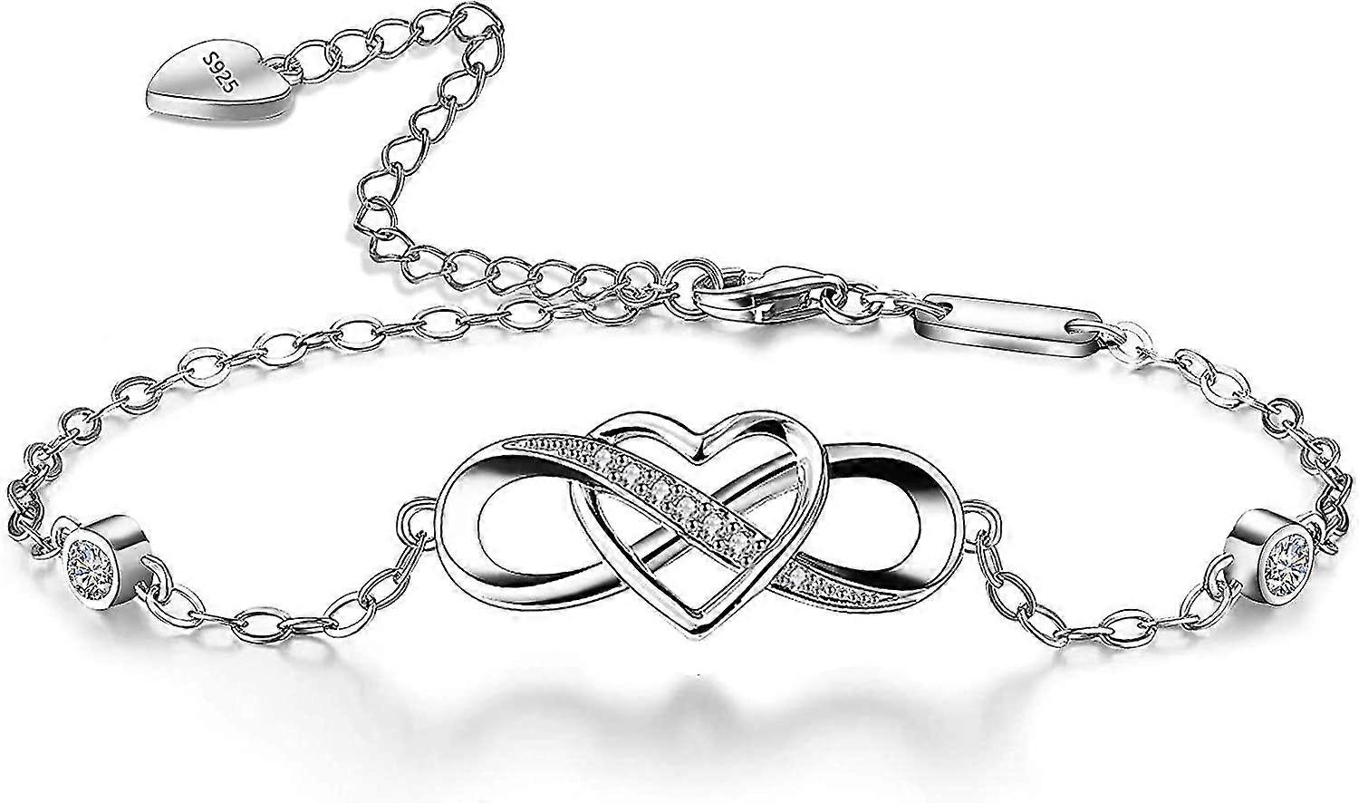 Women's Infinity Heart Bracelet 925 Sterling Silver, 21 Cm, Adjustable
