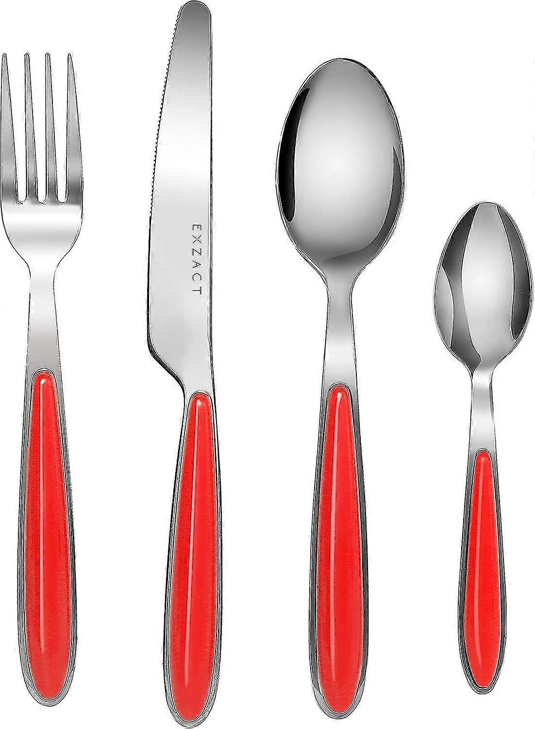 EXZACT 24-Piece Stainless Steel Cutlery Set - 6 Forks, Knives, Dinner Spoons, Teaspoons With Red Handles (EX07)