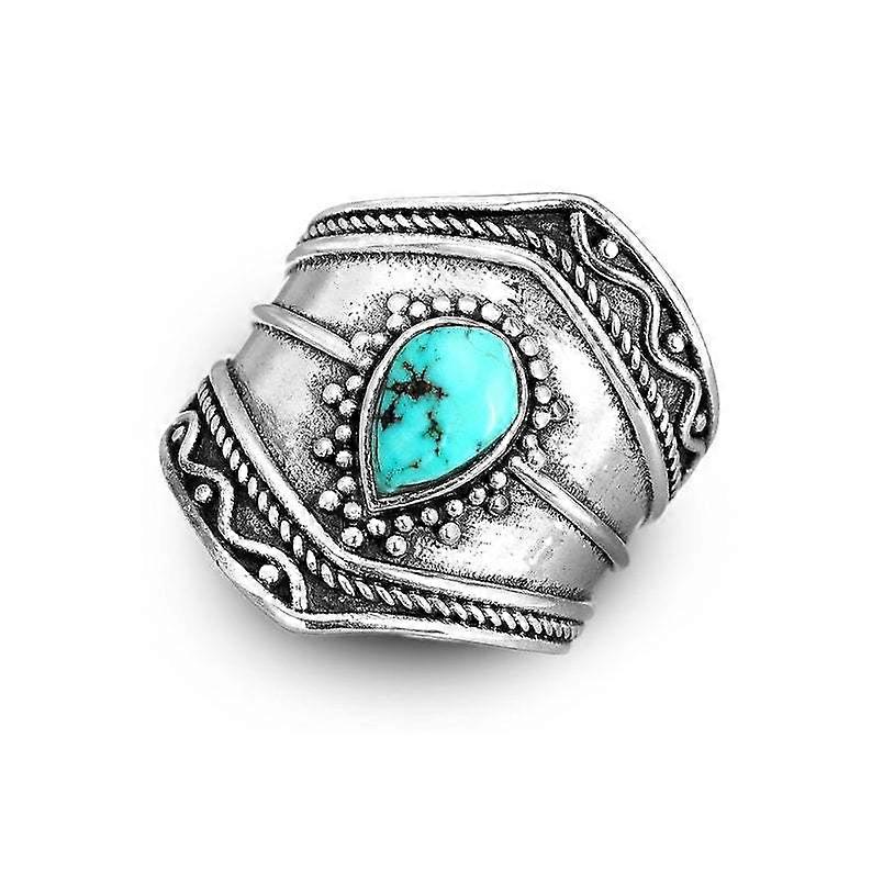 Vintage Turquoise Ring Personality Pattern Inlaid Gemstone Ring,size 9