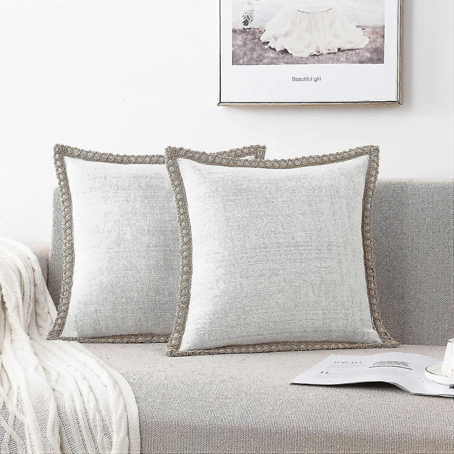 Set Of 2 Throw Pillow Covers - Burlap Linen Trimmed Tailored Edges Decorative Cushion Covers For Bed Home Decoration, 18 X 18, White