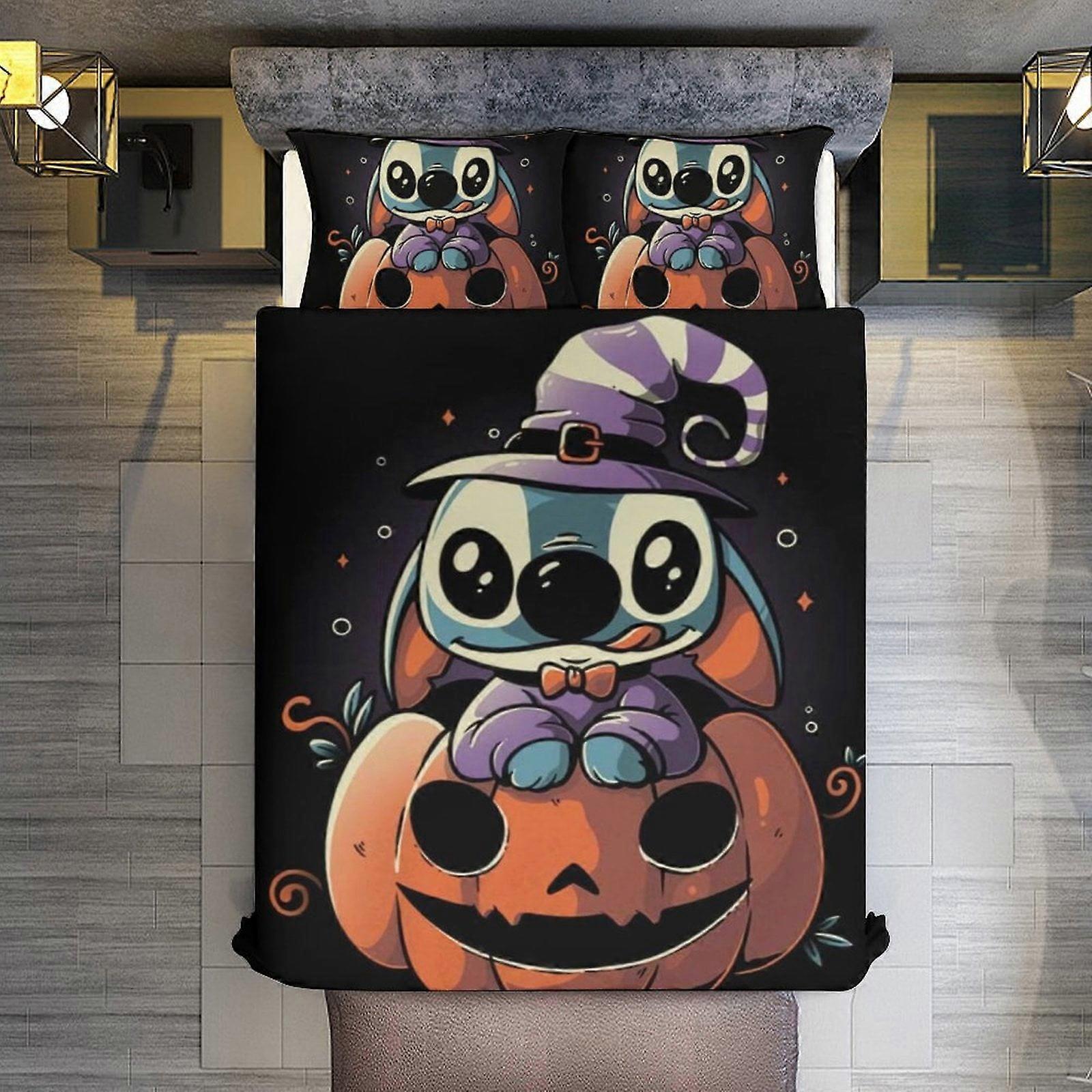 v97 Lençóis de Cama Halloween Stitch 3 Peças Conjuntos Tamanho Completo/Queen Size - Colchas de Microfibra Reversíveis com Fronhas Colcha Leve e Macia Co