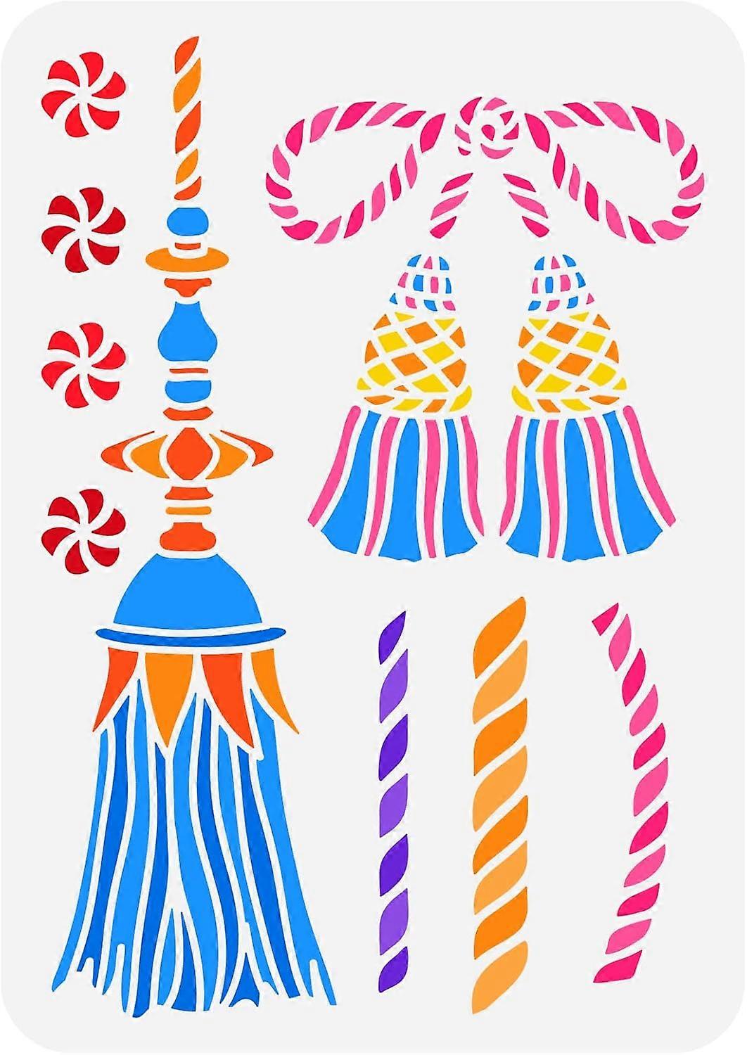 Tassels Painting Stencil 11.7x8.3 inch Fringe and Tassel Wall Stencil Plastic Rope Bow Pattern Template Reusable DIY Art and Craft Stencils for Floor 