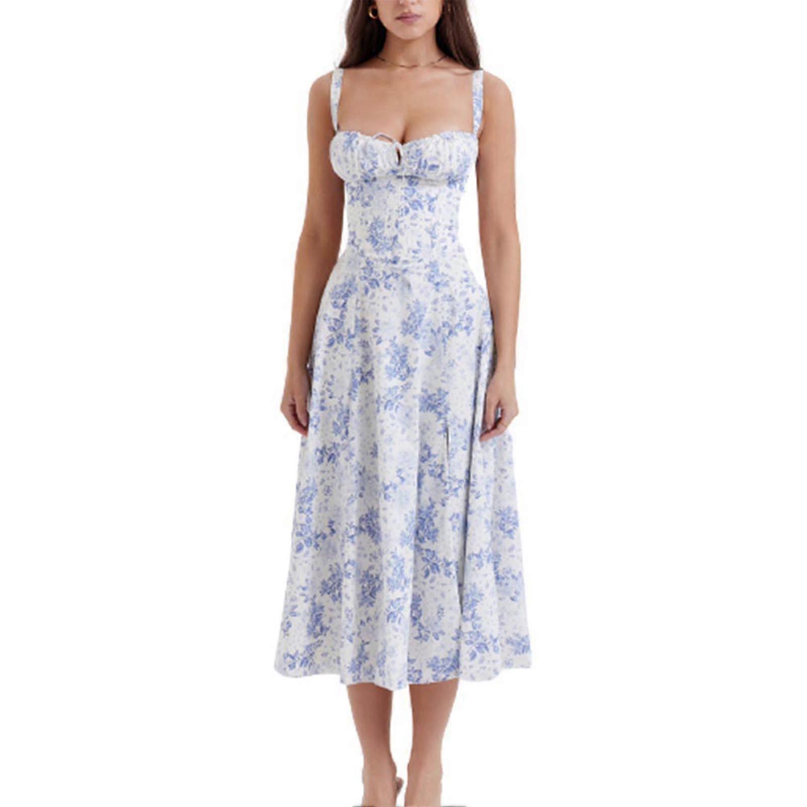 Vestido de verão bustiê com estampa da moda, vestido sem mangas com cordão e renda para mulheres
