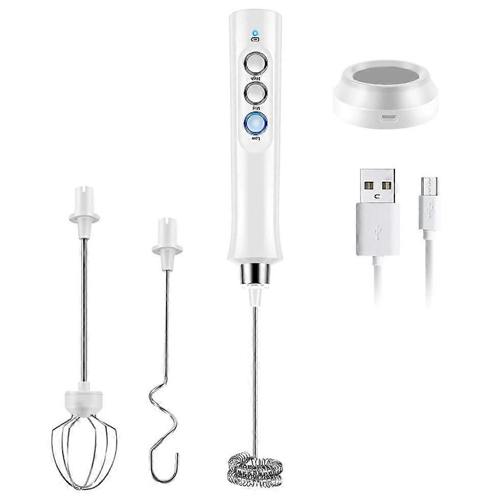 Electric Milk Frother with Double Handle USB Rechargeable Foamer with Egg Beater, Latte, Cappuccino, Stainless Steel with Stand