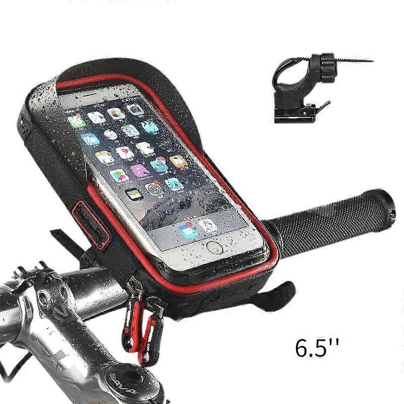 Waterproof Bicycle Handlebar Phone Touch Screen Bag-C Bracket-Soft Bottom-Black Red-6.5 Inch (Single Pack)