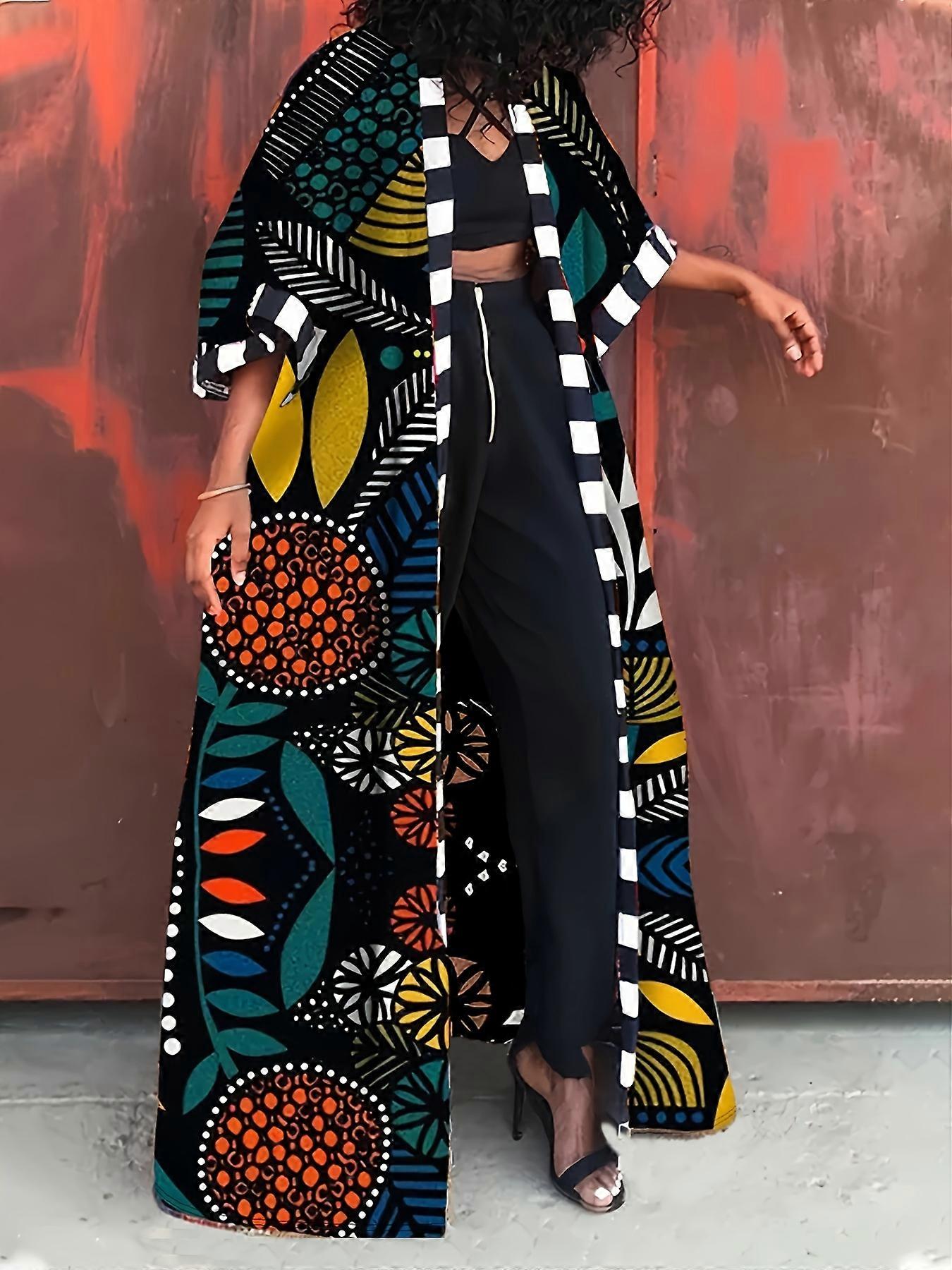 New style Plus Size Colorful Leaf Print Coat, Casual Long Sleeve Open Front Outerwear For Fall & Spring, Women's Plus Size Clothing