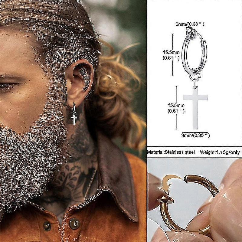 thumbnail image 2 of Stainless Steel Cross Hoop Huggie Earrings For Men Women - 4x9mm, Hinged Closure (PE30) 2 of 5
