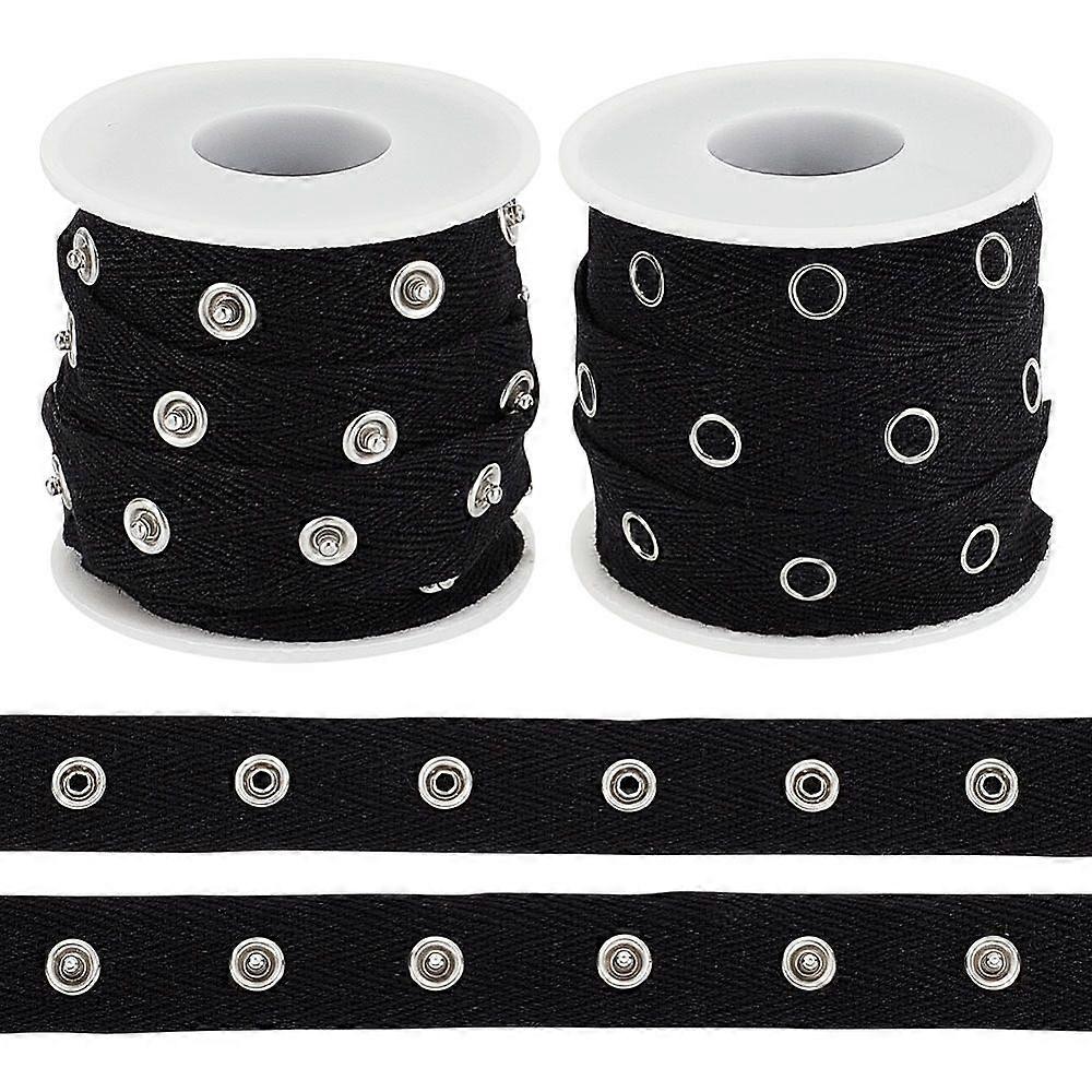 5 Yards Alloy Snap Button Tape Trim Polyester Ribbons with 2Pcs Plastic Empty Spools Black 7/8 inch(21mm)