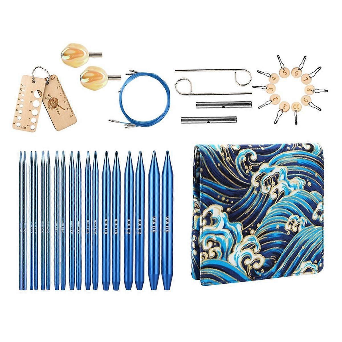 18PCS Interchangeable Crochet Needles Set Aluminum Circle Knitting Needles Blue Color Bag with Sewi