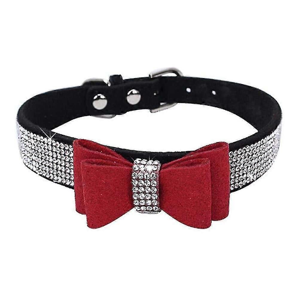 ラインストーンズボウノットペットドッグカラー調節可能なキラキラクリスタルスタッズベルベット