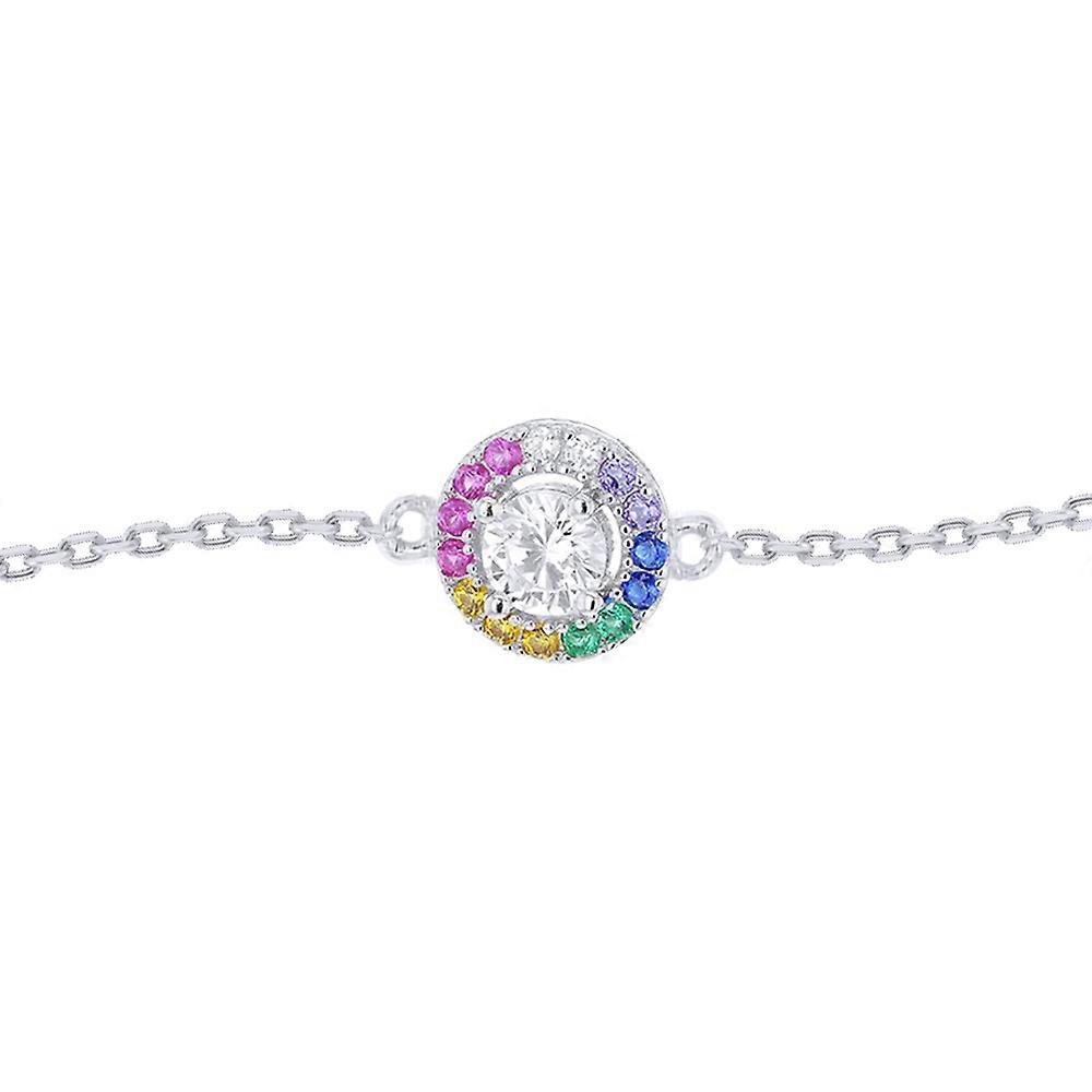 Jewelco London 女士纯银彩虹圆形明亮立方氧化锆彩虹光环圆盘可调节魅力手链,6.25-7.5“ 16-19cm