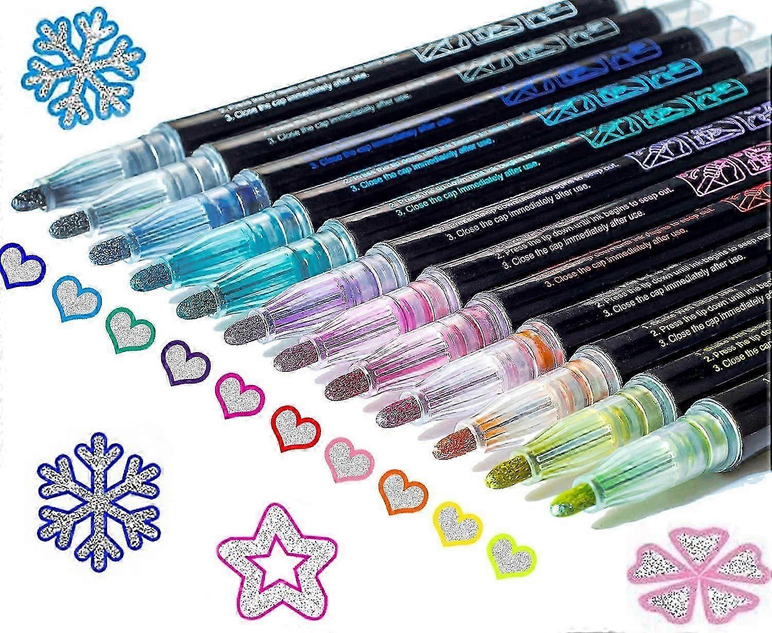 Shimmer Markers Outline Double Line: Metallic Glitter Pens Set Super Squiggles Sparkle Kid Christmas Gift Cool Fun Fancy Self Sparkly Doodle Drawing S