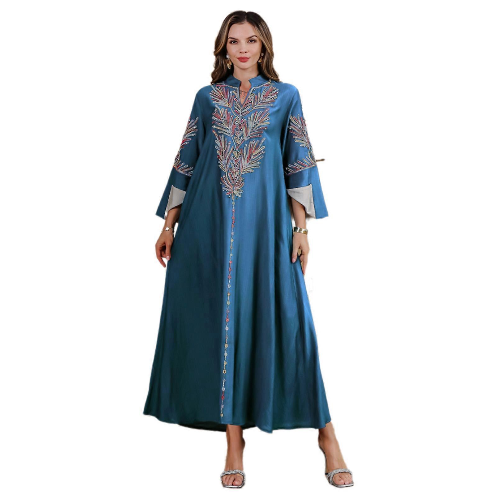 שמלת קפטן איסלאמית לנשים שמלת קפטן רקומה באורך מלא נוח ללבוש חלוק מזרח תיכוני שמלה אסלאמית תכלת XL