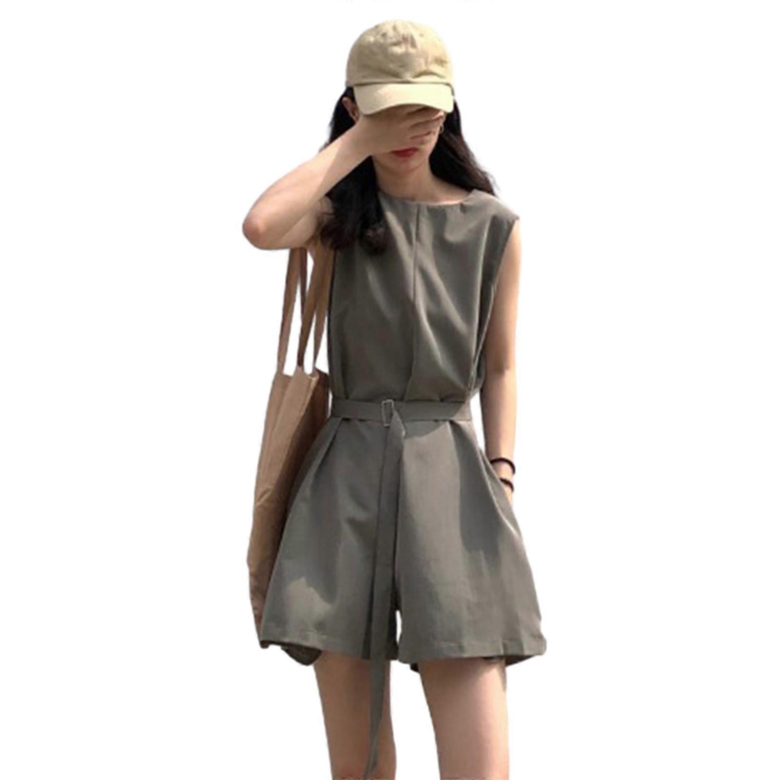 Women's Jumpsuits Sexy Crew Neck Sleeveless Playsuit Solid Color Casual Romper Jumpsuits Shorts with Belt  One Size Green