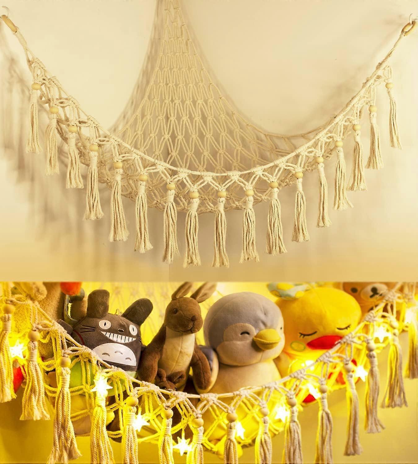 LED Lighted Plush Animal Toy Storage Hammock - Macrame Baby Corner Organizer, Hanging Plush Net For Nursery Decor