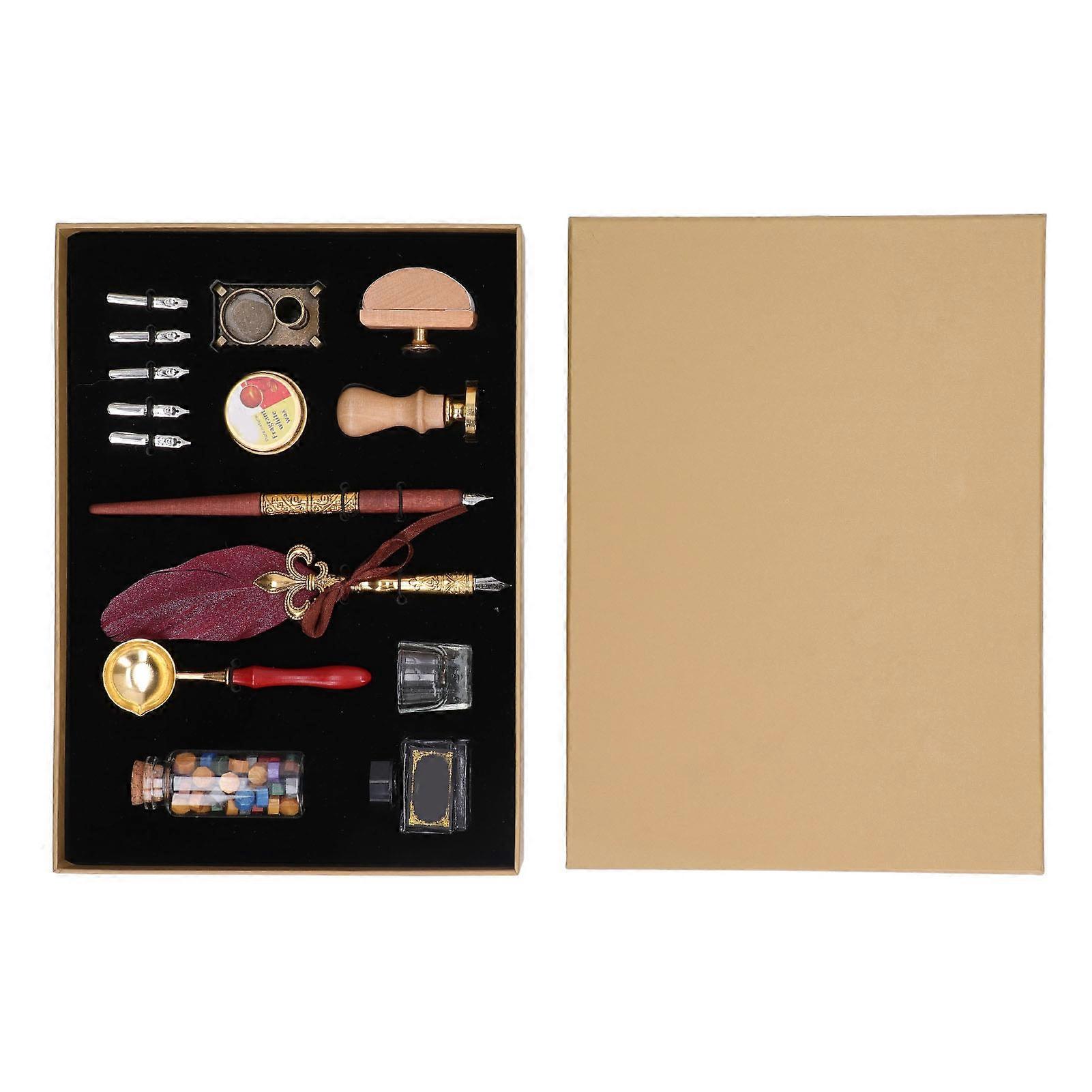 Quill Pen and Ink Set Vintage Elegant Glossy Writting Exquisite Colors Feather Pen and Ink Set with Sealing Wax