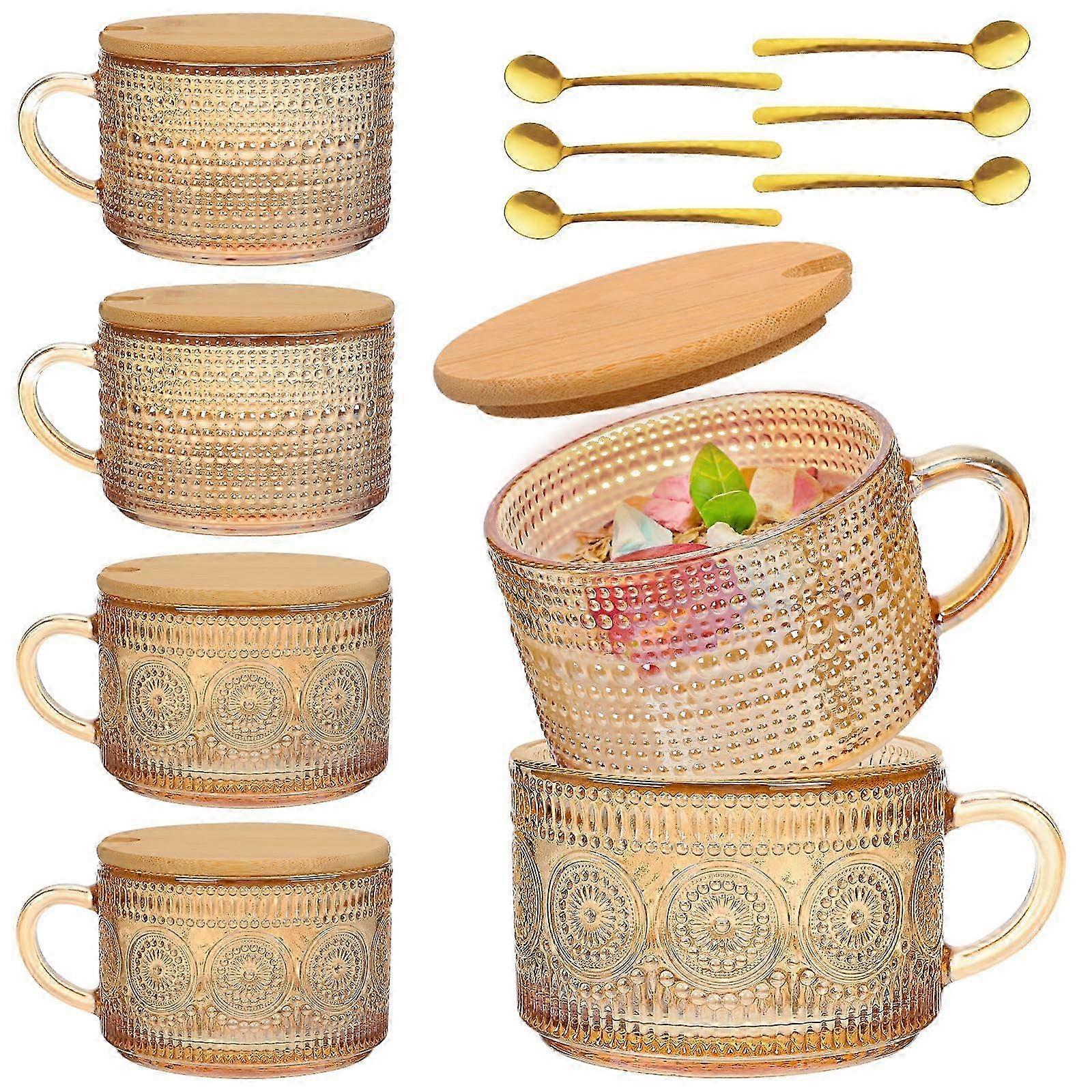 6 Vintage 14-Oz Glasses with Bamboo Lids & Spoons, Multi-Use