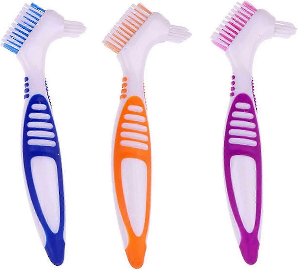 3 Pack Denture Cleaning Brushes - Multi-Layer Bristles & Ergonomic Rubber Handle, Dual-Sided Portable False Teeth Cleaner