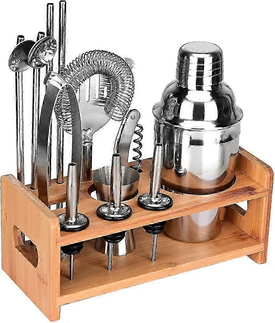 Cocktail Preparation Kit Stainless Steel Shaker Set with Bamboo Storage Rack (13 Pieces, 350ml Capacity)
