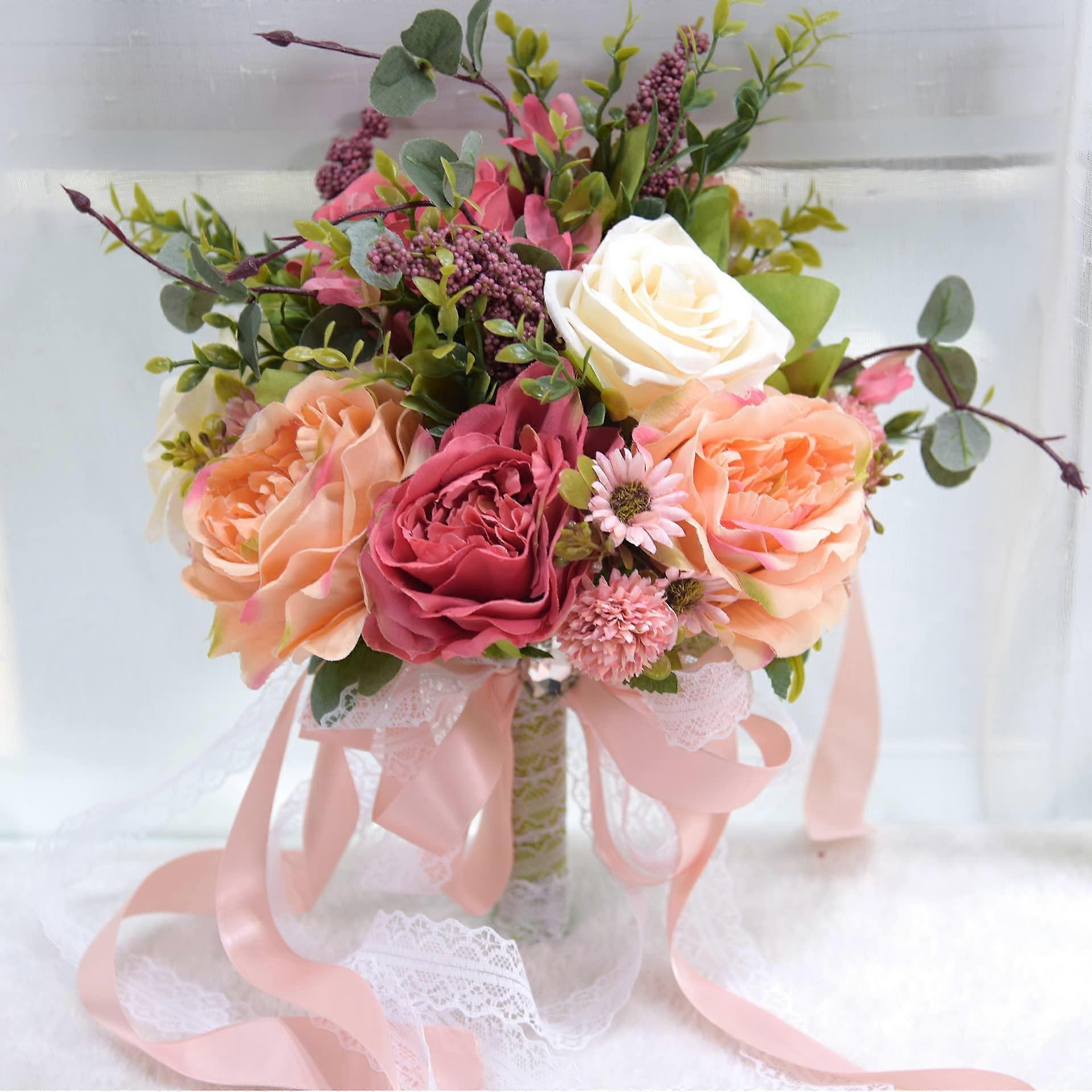 Burgundy Wedding Bouquet, Cascading Bridal Bouquet, Wedding Ceremony, Anniversary, Rustic Vintage Wedding Flowers, Bridal Bouquets (Color : Pink)