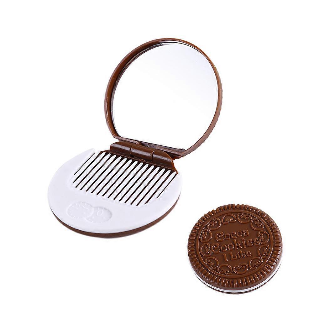 Compact Mirror for Women Chocolate Cookies Shape Mini Cosmetic Mirror with Comb Light Coffee 6.50X6.50X2.00CM Makeup Usage 1Set