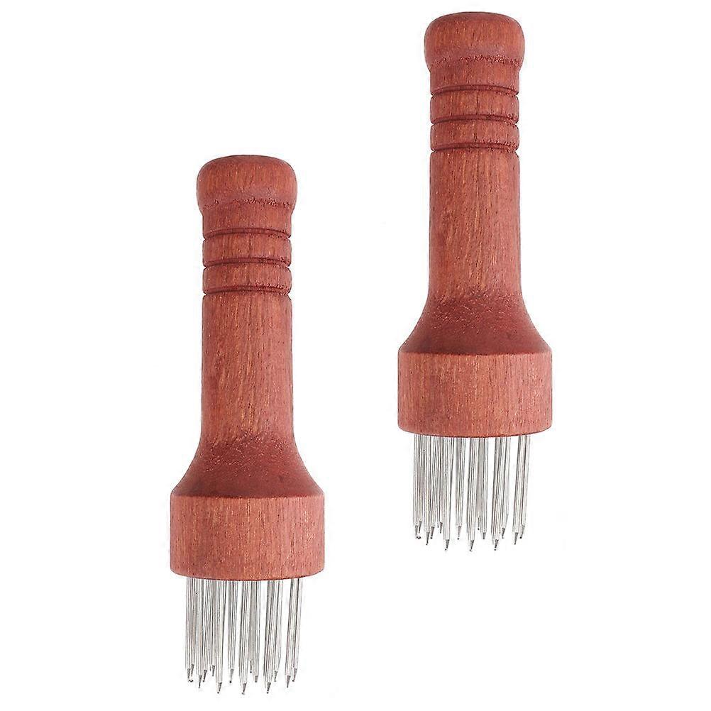 Meat Tenderizer with Stainless Steel Needles and Wooden Handle for Home Use Dark Red