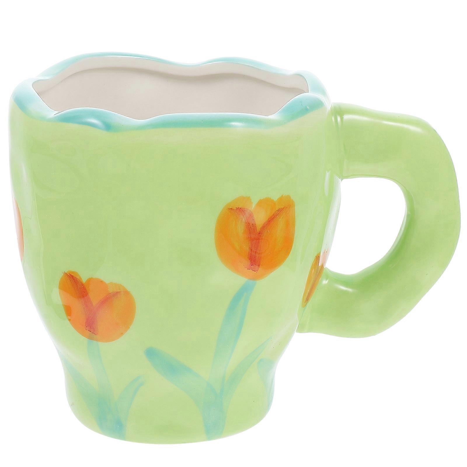 Ceramic Mug Daily Use Green Base With Tulip Design Holds 300ml 1Pcs