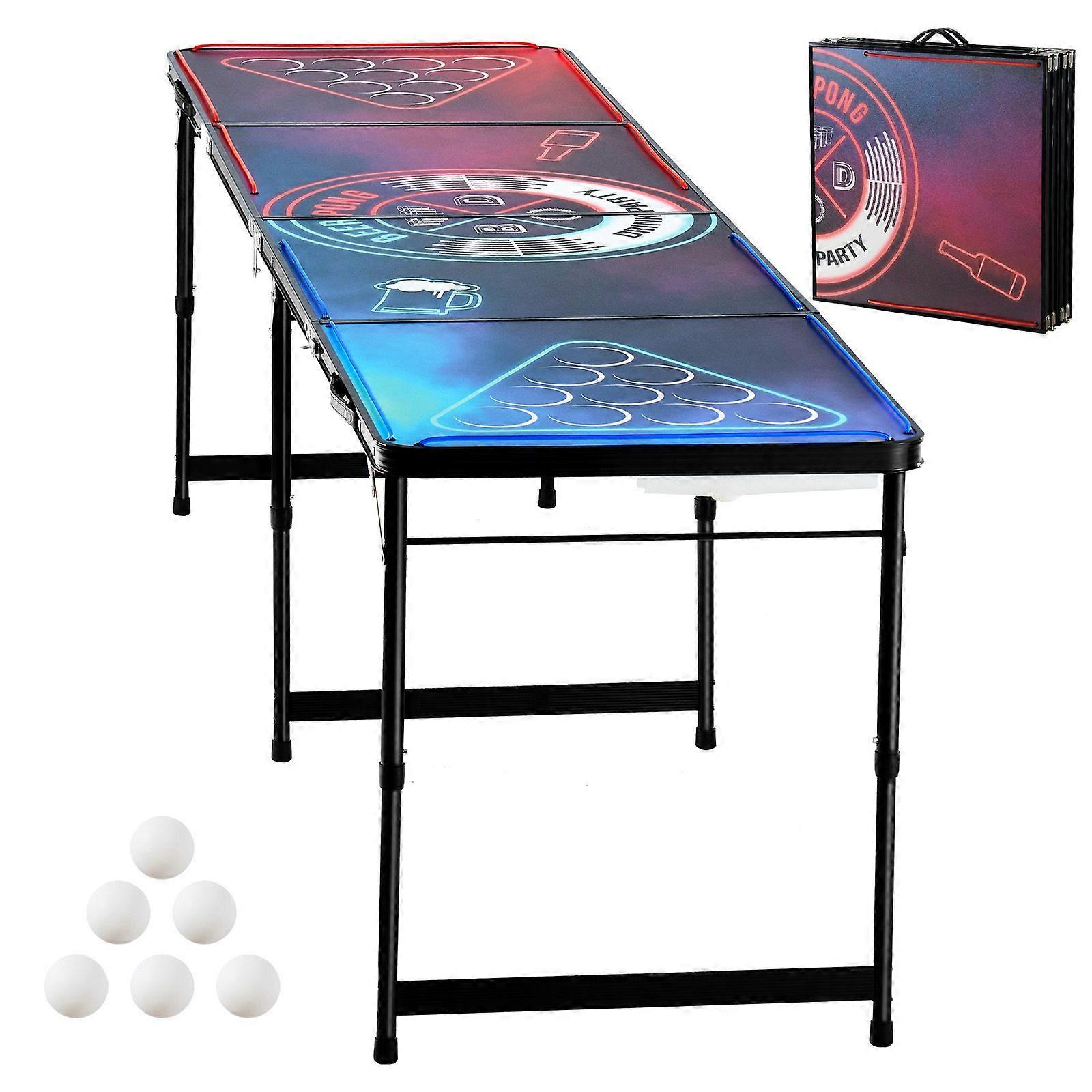 8 Foot Portable Beer Pong Table, LED Lights, Foldable Tailgate Table with Carrying Handles and 6 Pong Balls, Adjustable Height